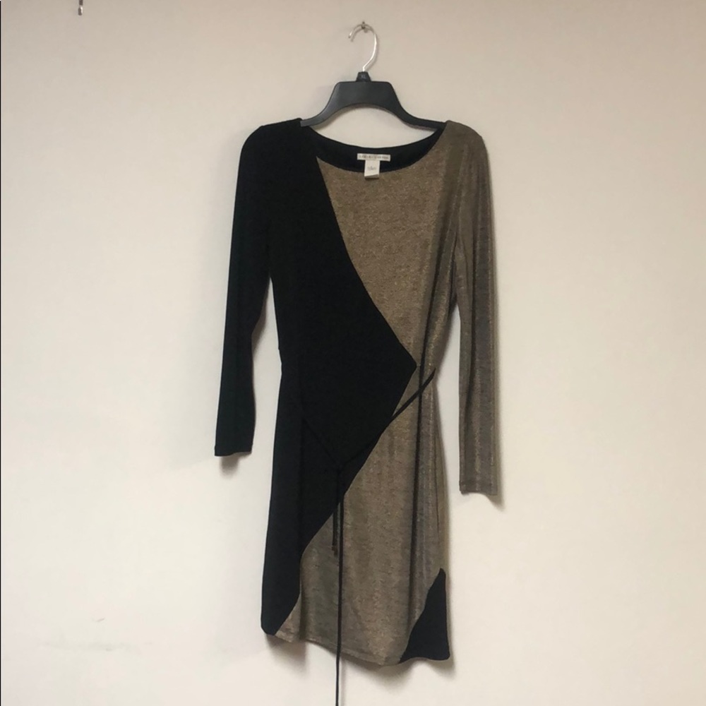 long sleeve gold and black sweater dress